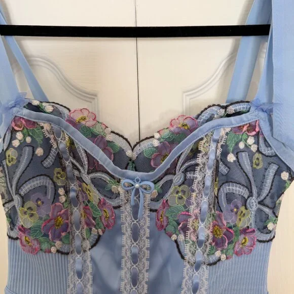 Blue Floral Embroidered Corset Top – Lace Trim Ribbon Tie Cami - Picture 5 of 9